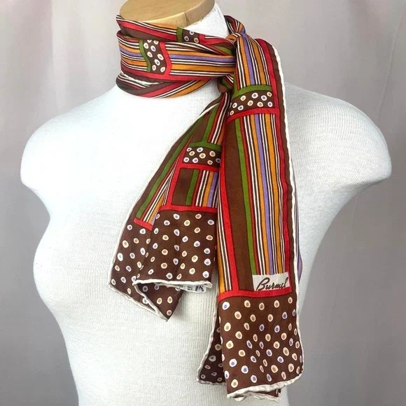 Vintage BURMEL Rectangle 13x46 Neck Scarf Mod‎ Silk Graphic 60s Brown Stripe Dot - Picture 2 of 7